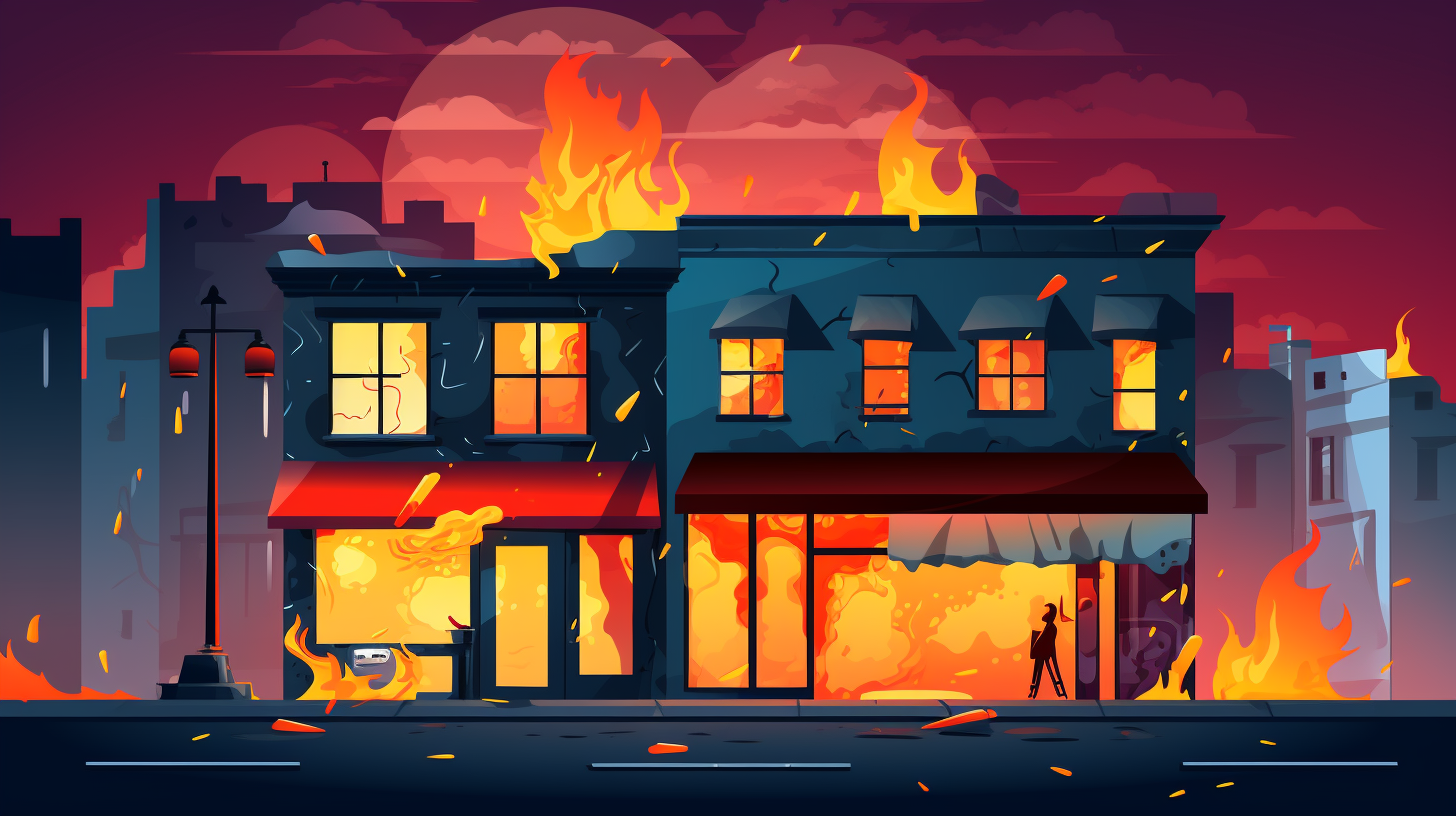 a burning shop in an urban setting