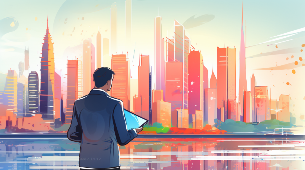 a businessman analyzing financial report against a city skyline backdrop