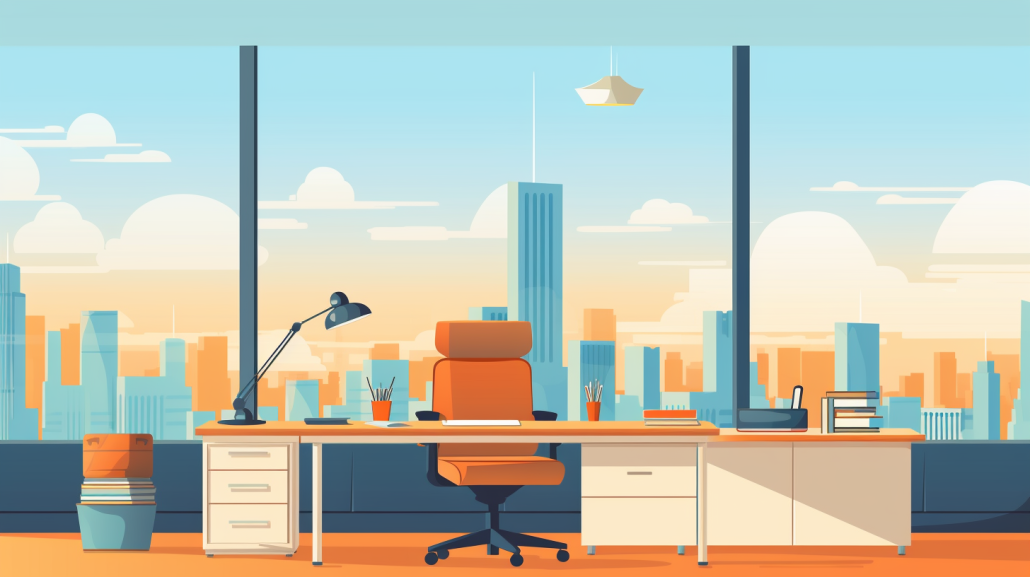 a professional workspace with a cityscape view