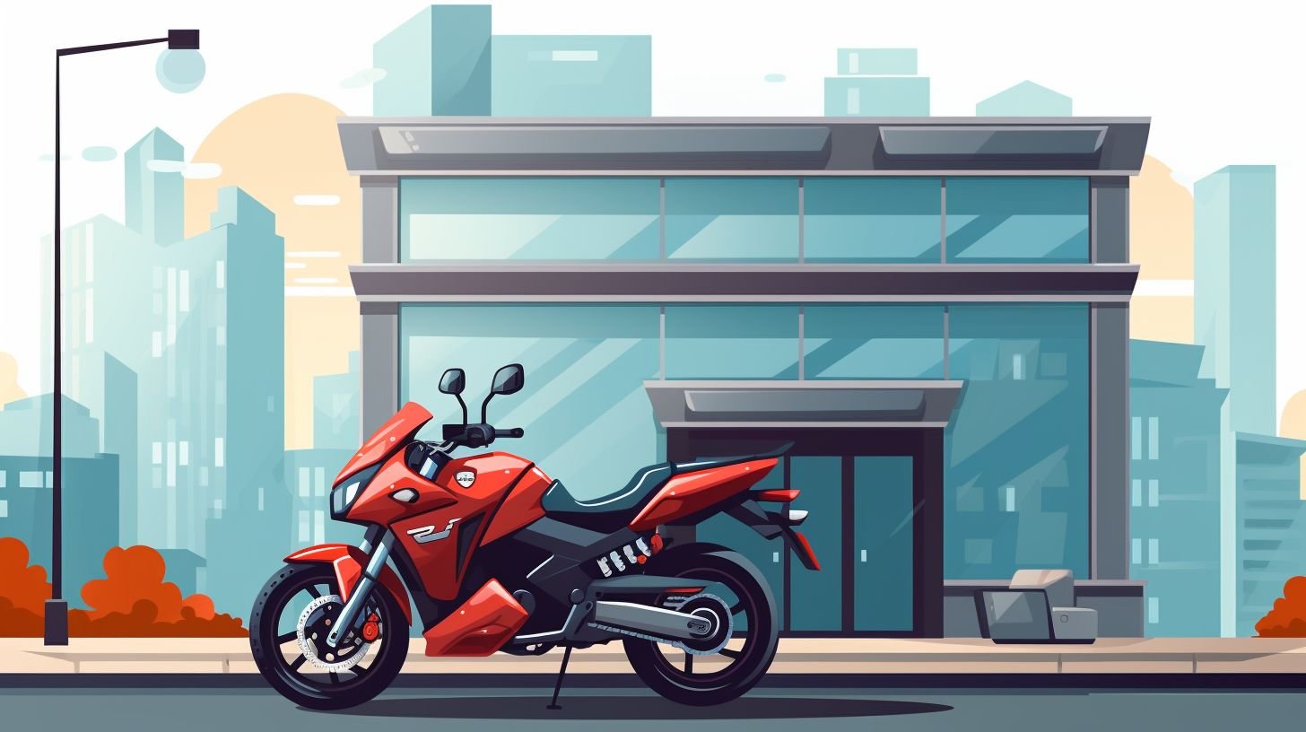 A motorcycle parked in front of an insurance office billboard.