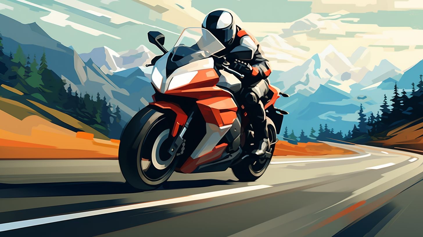 A fast motorcycle zooming through scenic landscapes on an open road.