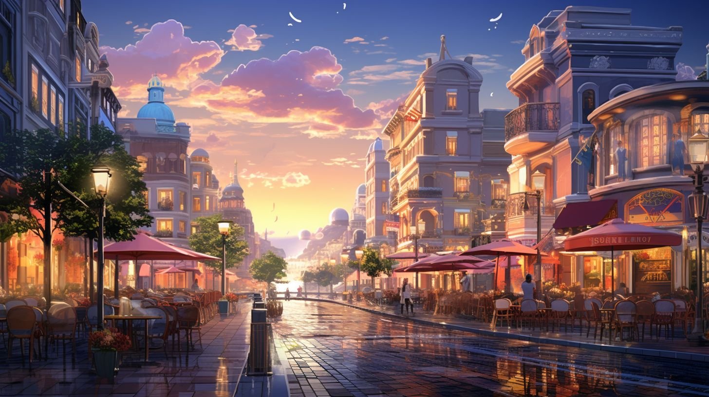 A lively city street with illuminated storefronts and vibrant lights at sunset, captured in a digital-art style.