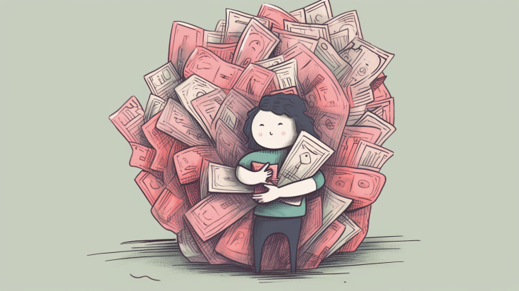 A person surrounded by receipts and money notes