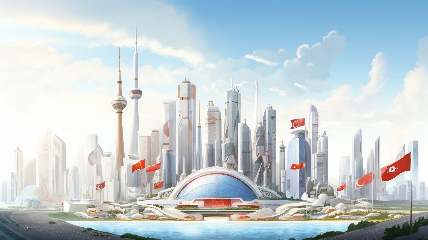 Futuristic city skyline with international flags representing global economic impact.