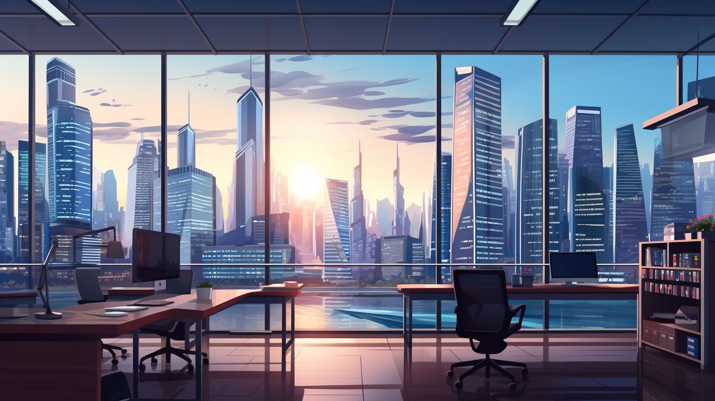 A contemporary office with a view of the city.