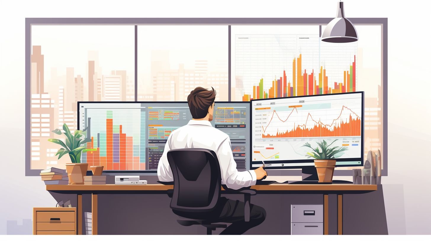 A stockbroker analyzing financial charts and graphs in a modern office.