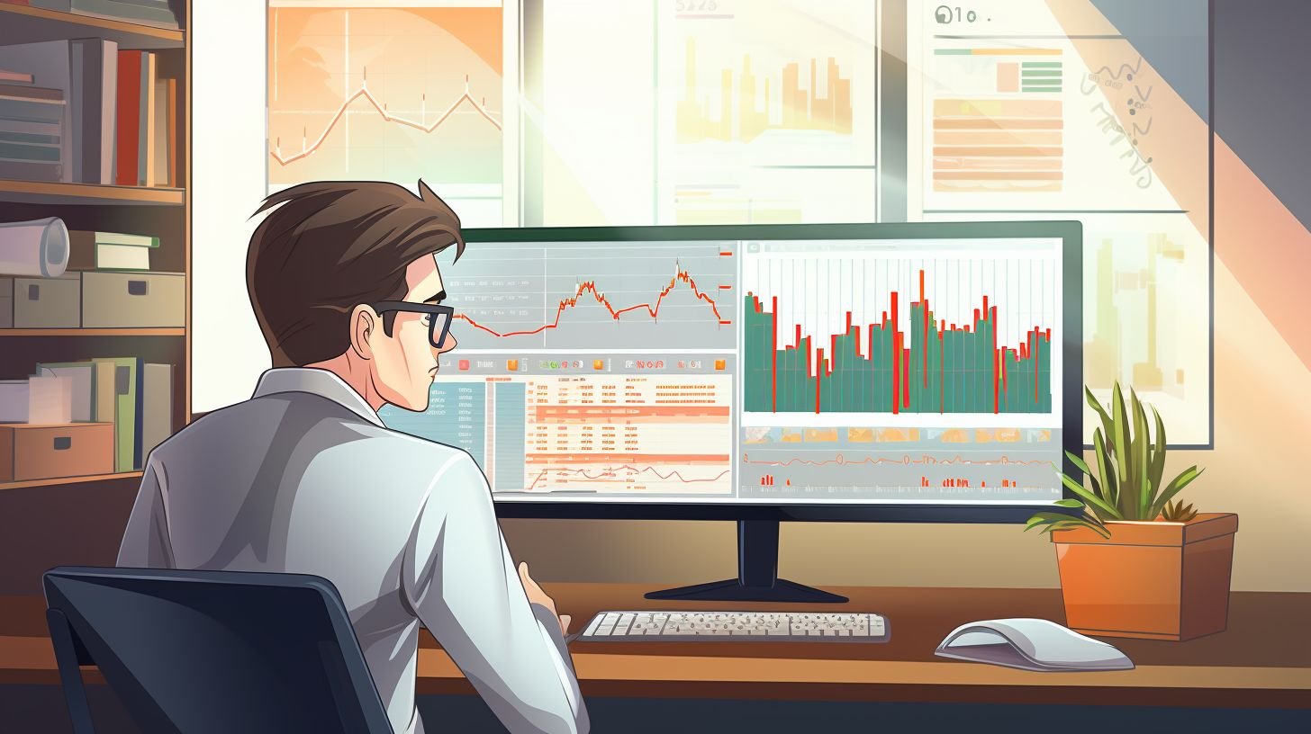 A stockbroker analyzing financial charts and graphs in a modern office.