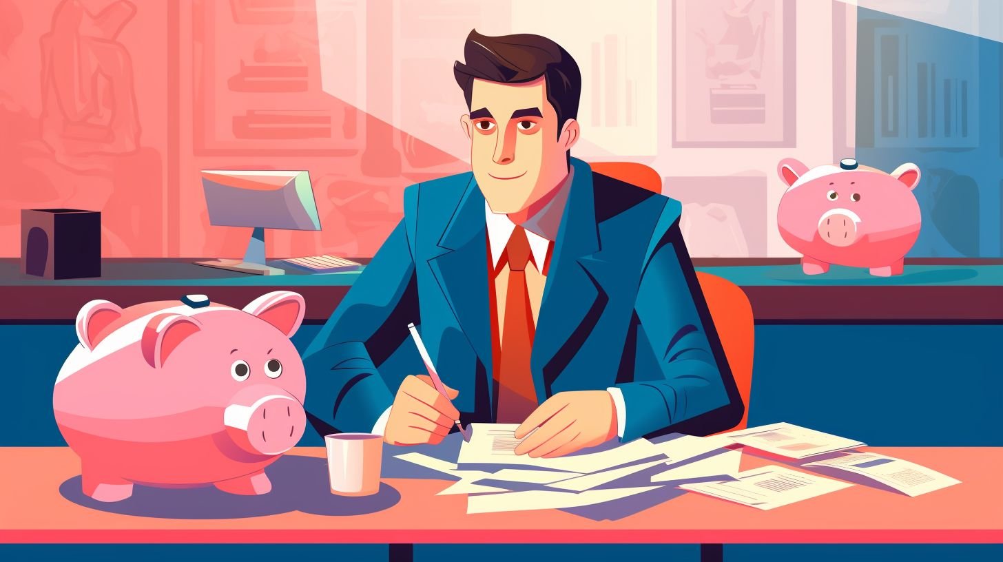 A person at a desk with bills and a piggy bank.