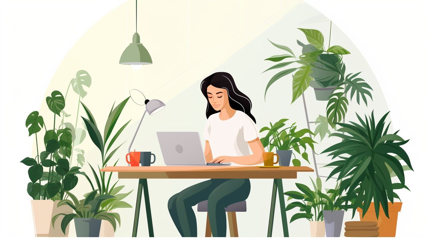 A woman working happily in a plant-filled home office.