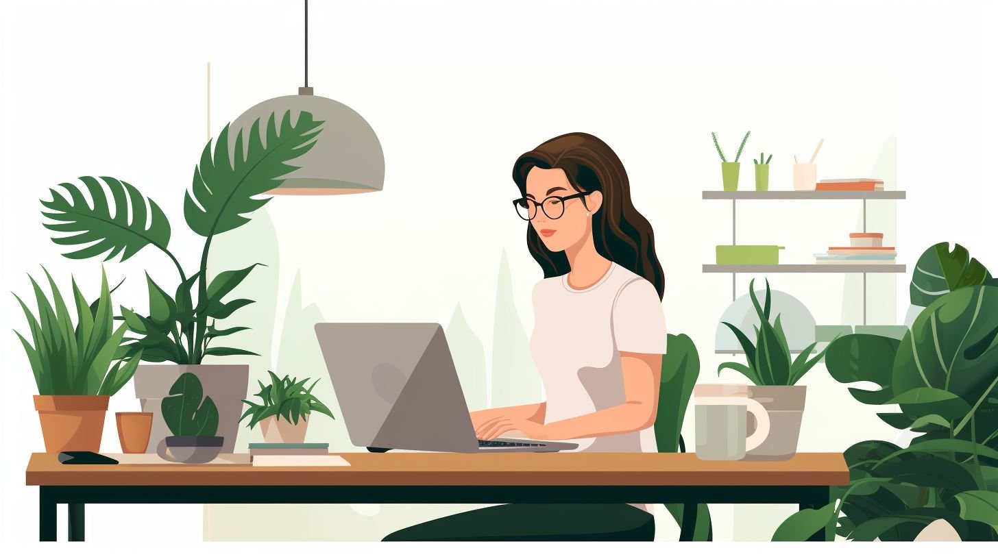 A woman working happily in a plant-filled home office.