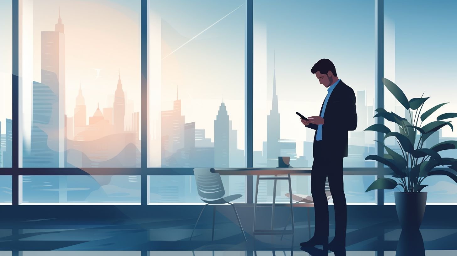 A businessman using a smartphone in a modern office with city skyline.