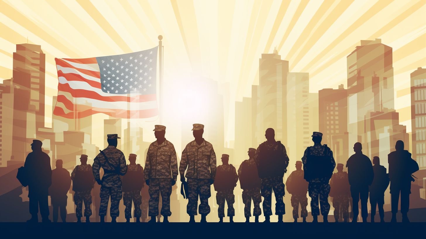 Diverse veterans and military members stand together in front of an American flag.