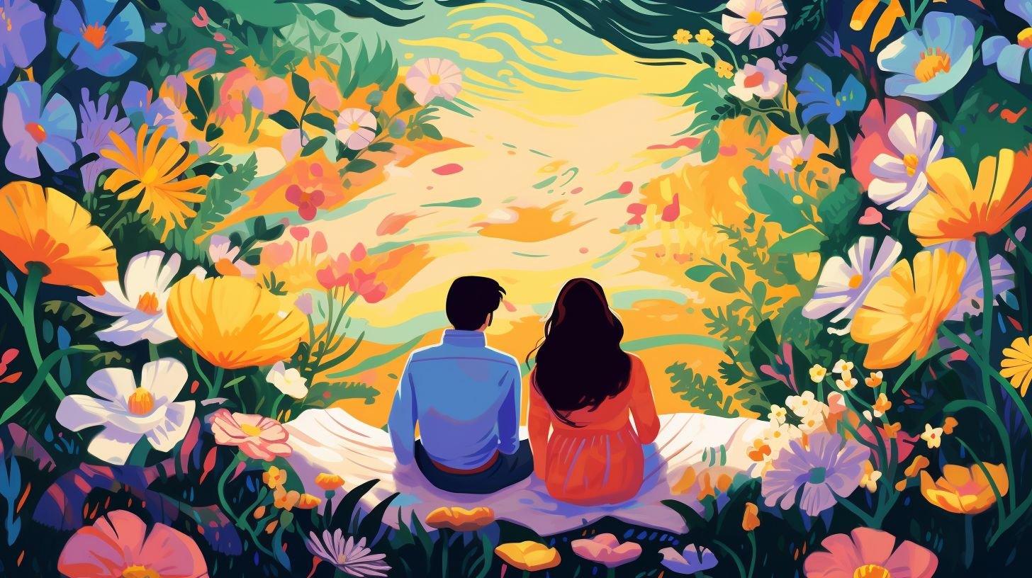 A couple enjoying a picnic surrounded by colorful flowers in a garden.