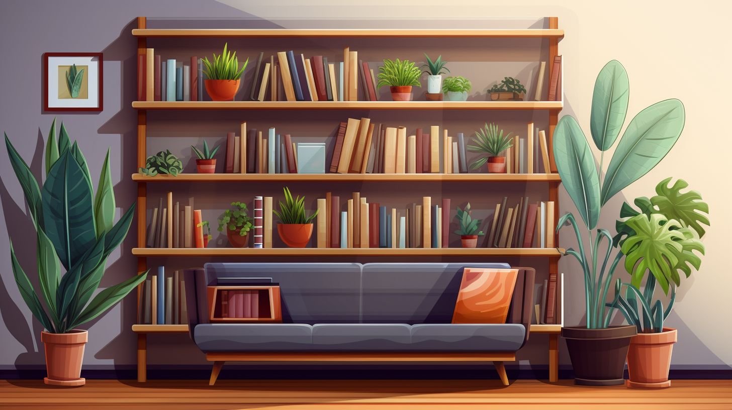 A cozy living room with a stylish bookshelf and vibrant plant.