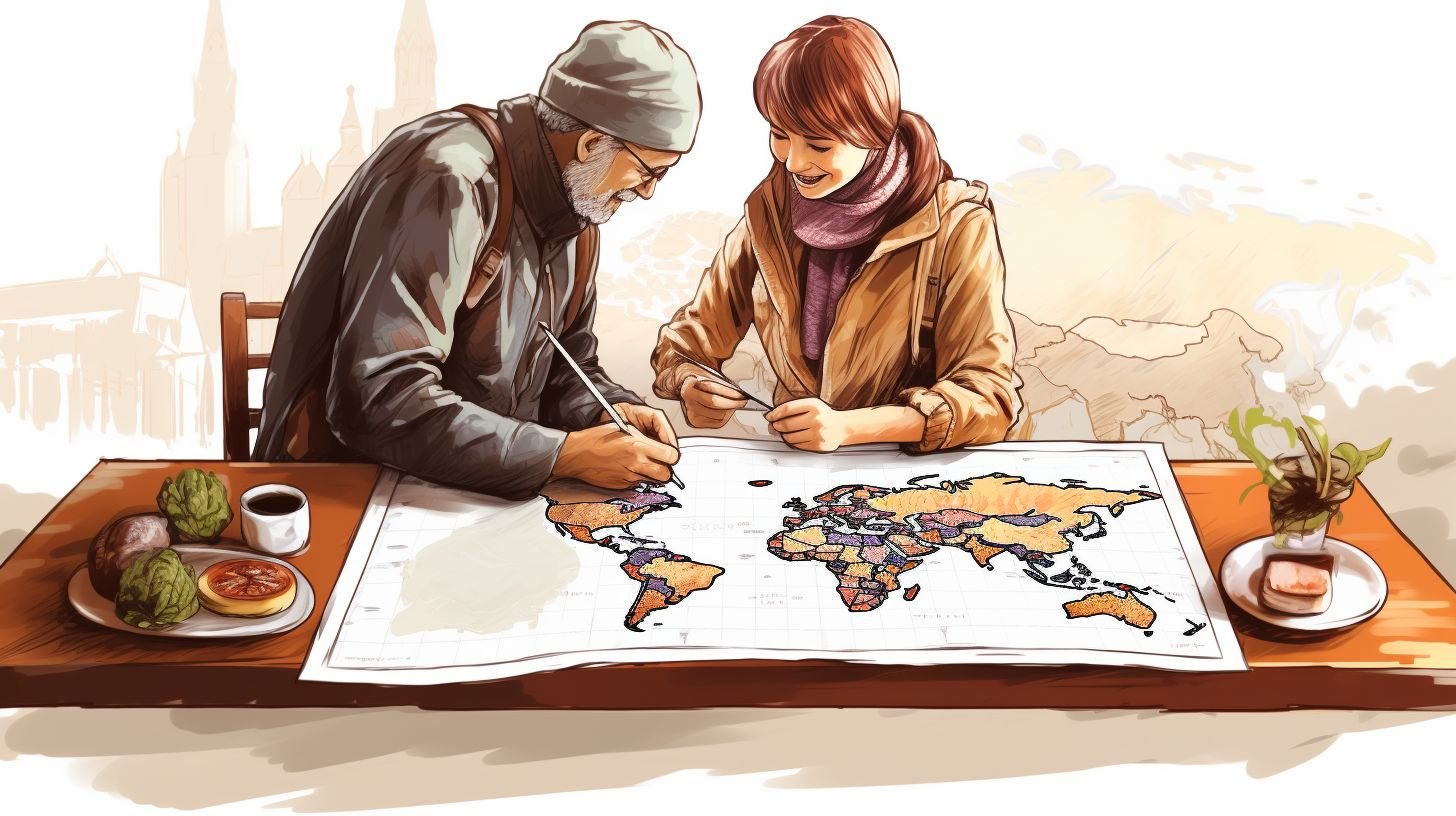 Senior couple planning travel with a world map and travel guides.