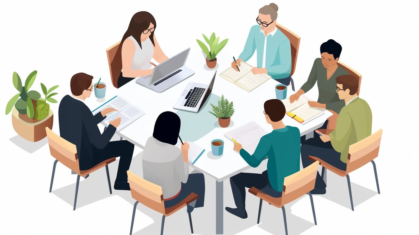 A diverse group of people discussing financial matters at a table.