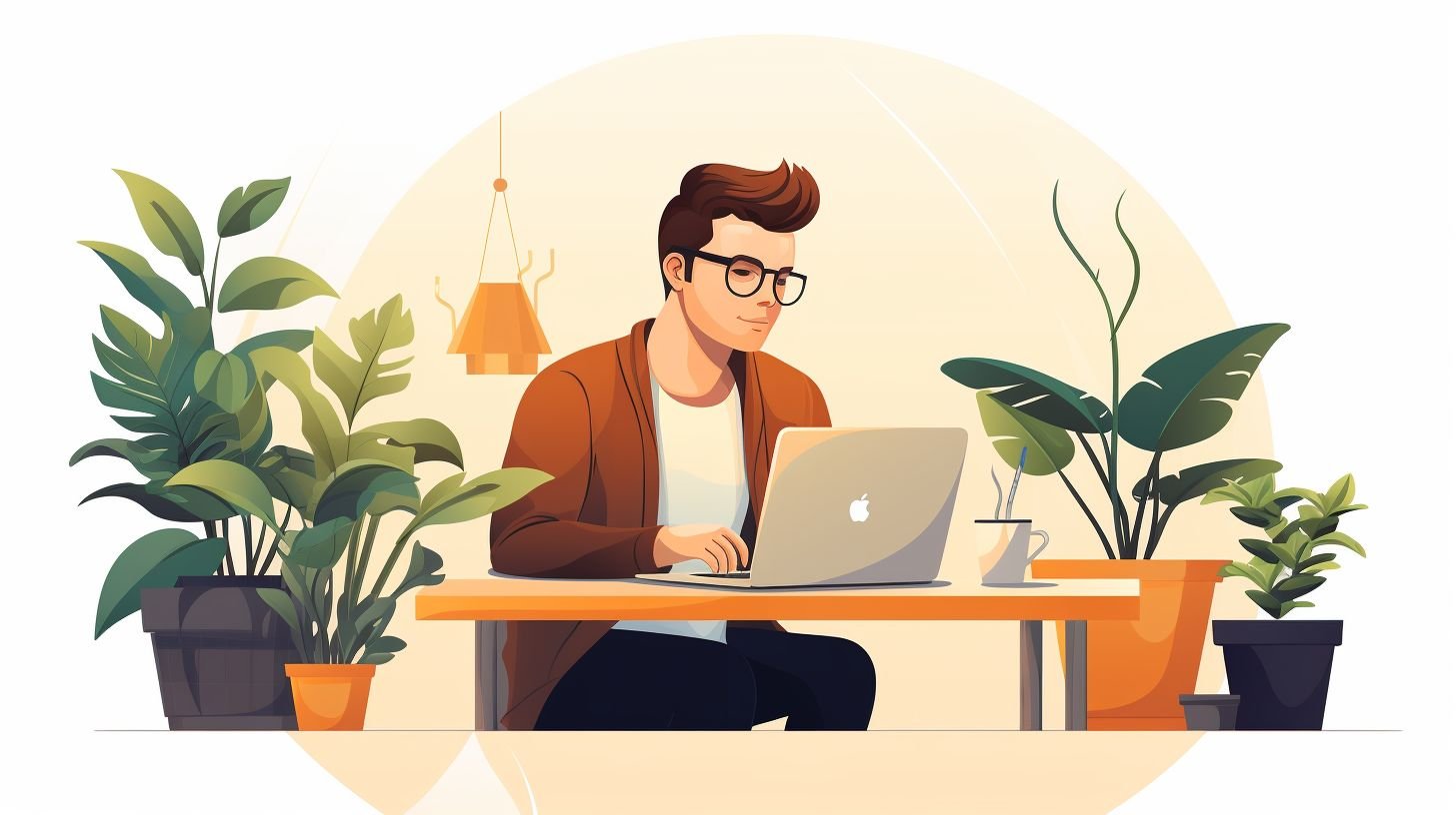 An introvert peacefully working in a cozy home office with plants.