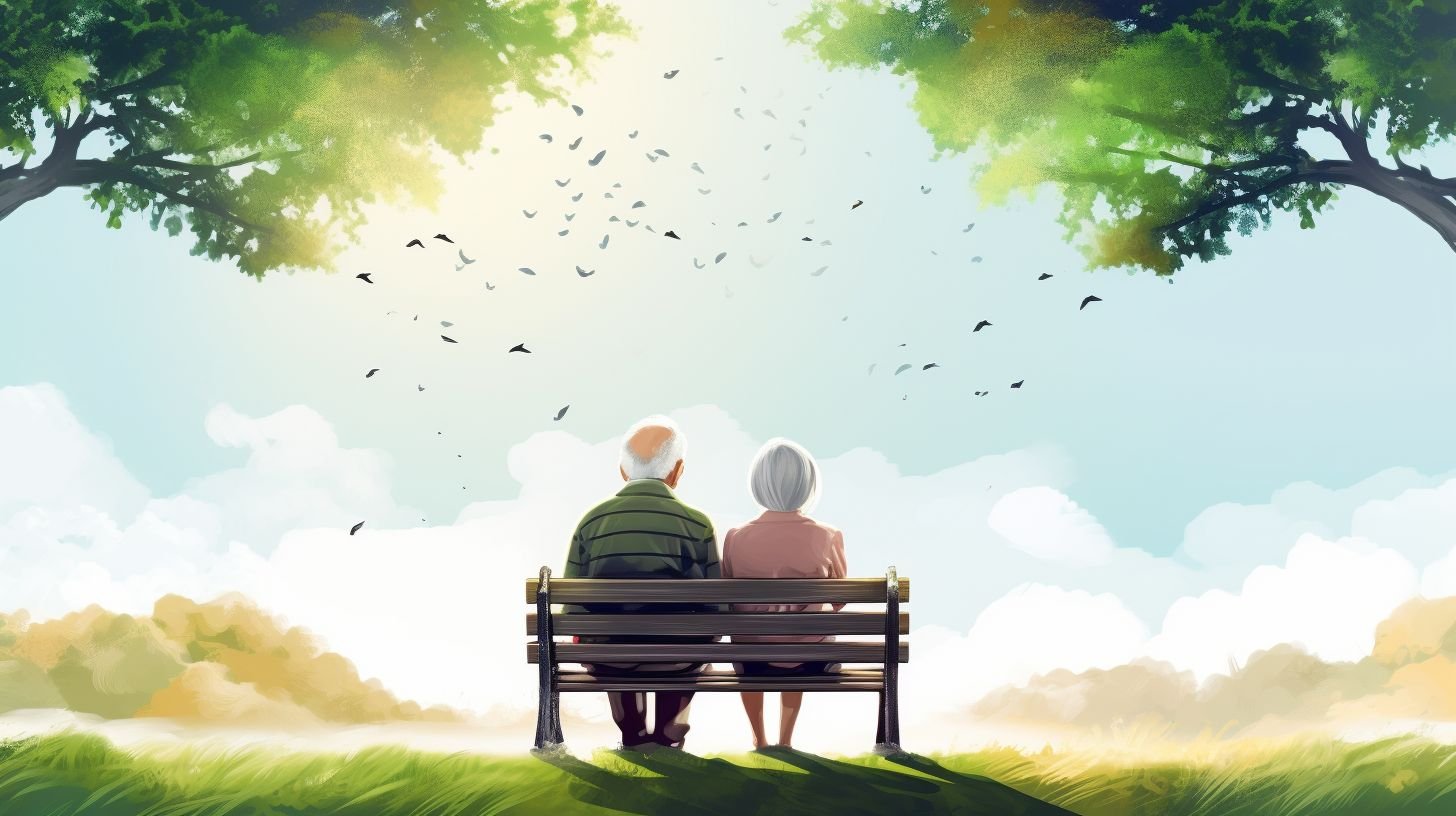 An elderly couple cherishing nature's beauty and each other's company in a park.