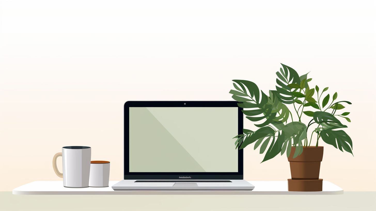 A minimalistic home office setup with laptop, plants, and coffee mug.