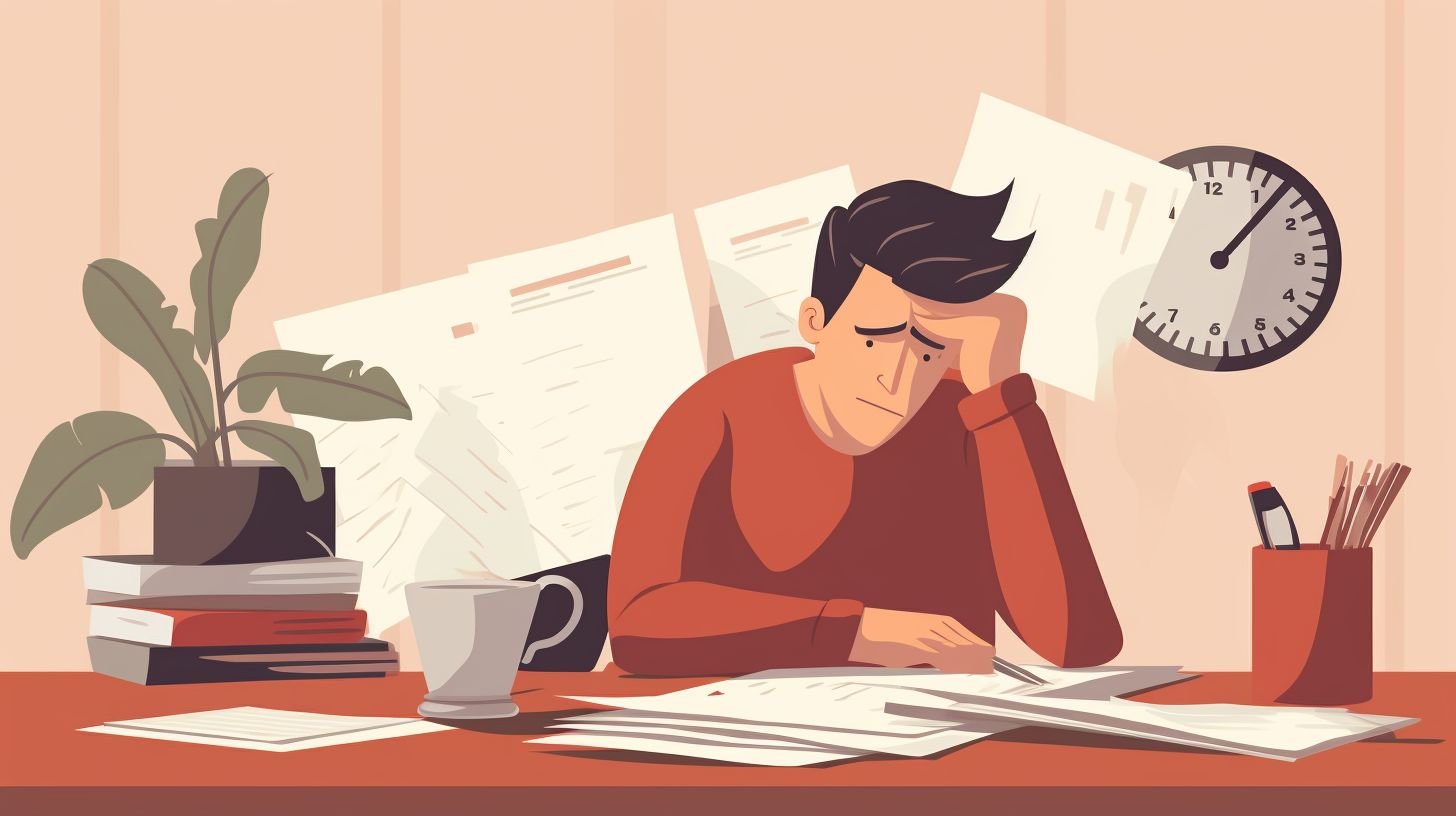 A stressed person surrounded by paperwork and insurance documents.