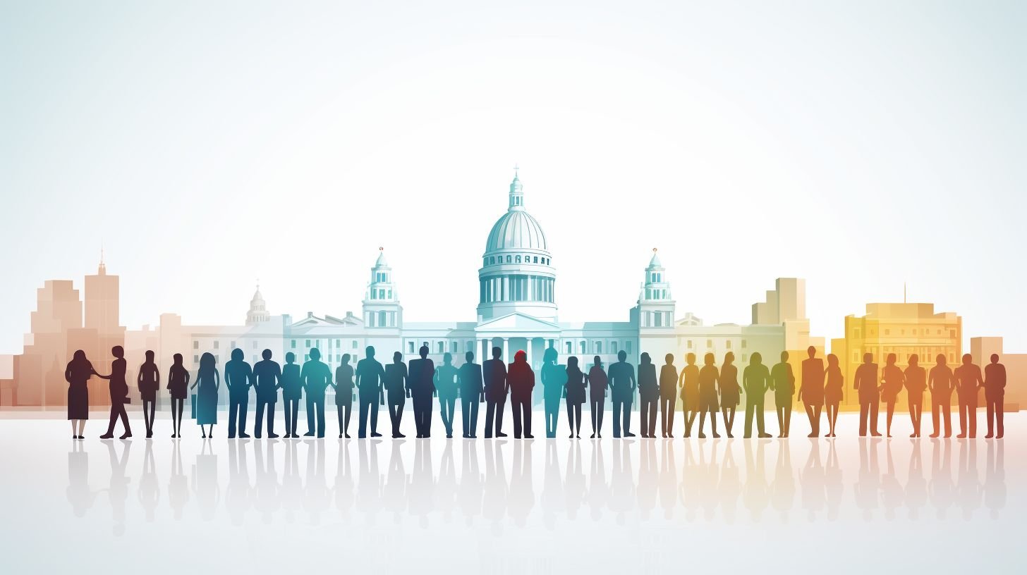 A diverse group of people united in front of a government building.