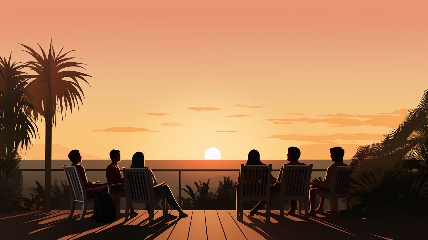 Group of friends enjoying conversation on porch, watching sunset.