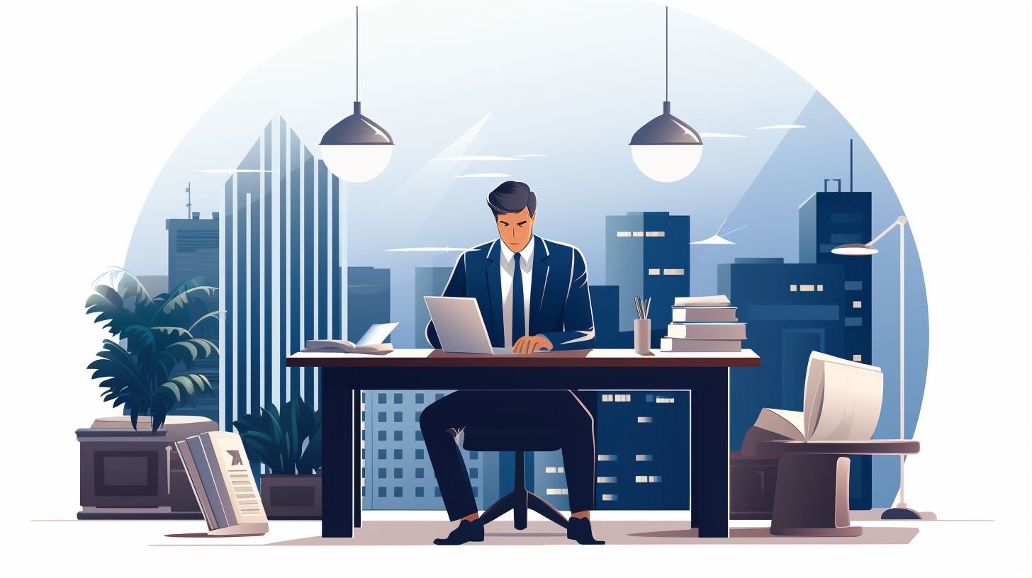 A lawyer working late at a desk with legal books and coffee.