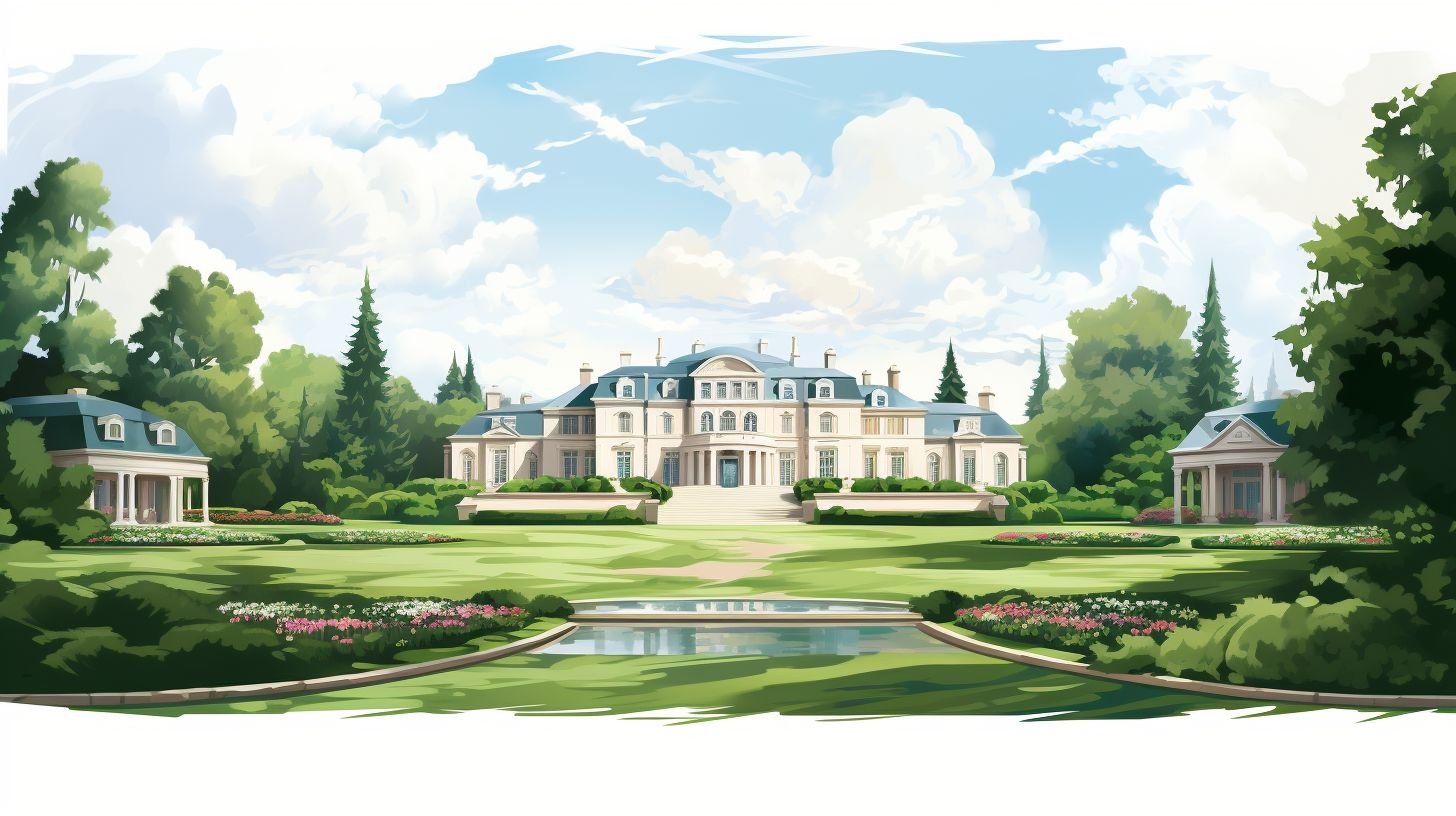 A grand mansion surrounded by beautiful gardens and countryside landscape.