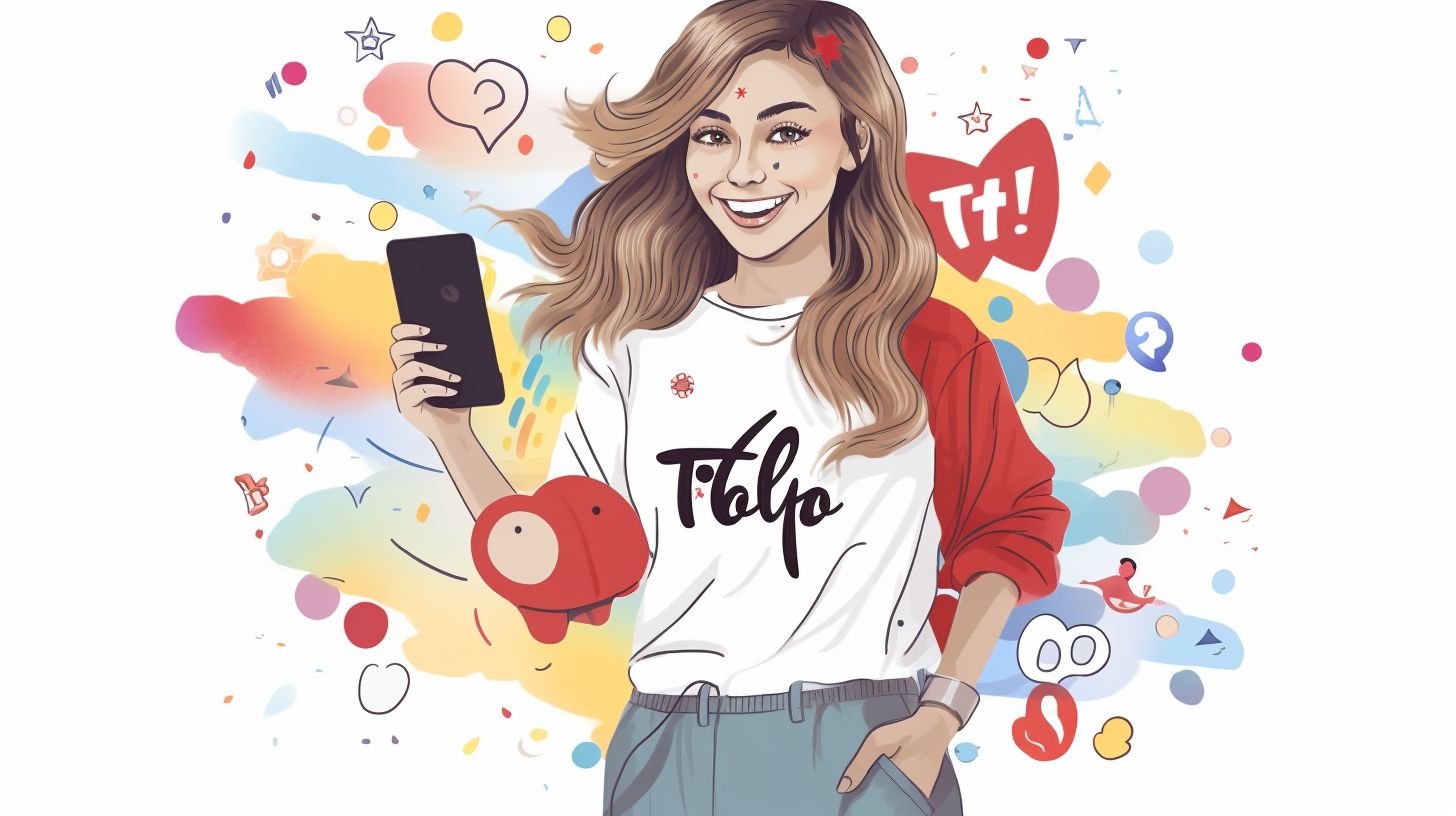 A young woman with 1,000 followers on TikTok, holding a smartphone and smiling, surrounded by colorful TikTok-inspired graphics.