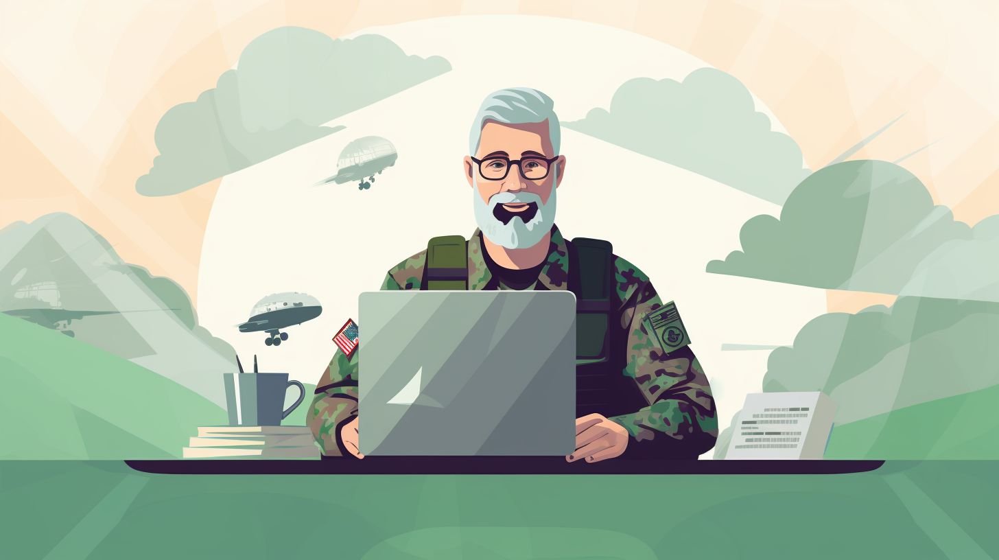 A military veteran working at a desk surrounded by paperwork and technology.