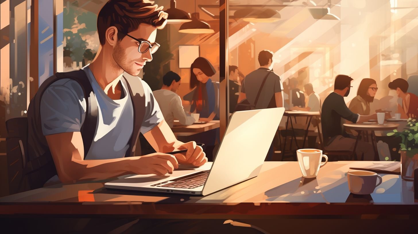 An entrepreneur working on a laptop in a bustling coffee shop.