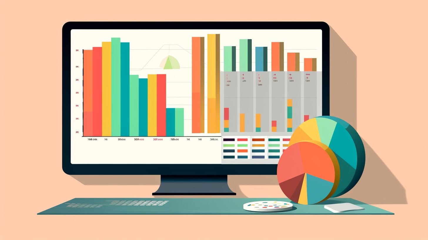 A computer screen displaying financial data surrounded by office supplies.