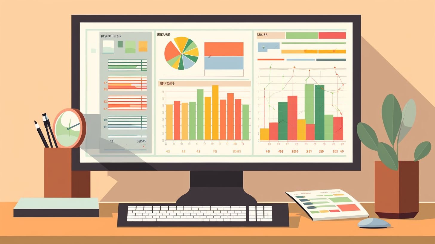 A computer screen displaying financial data surrounded by office supplies.