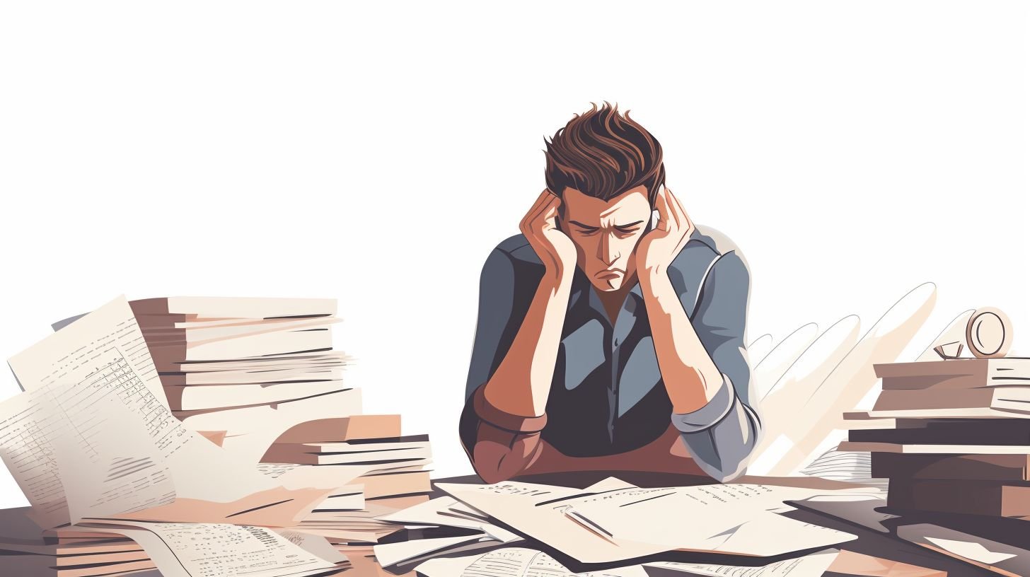 Stressed person overwhelmed by bills and financial documents at desk.