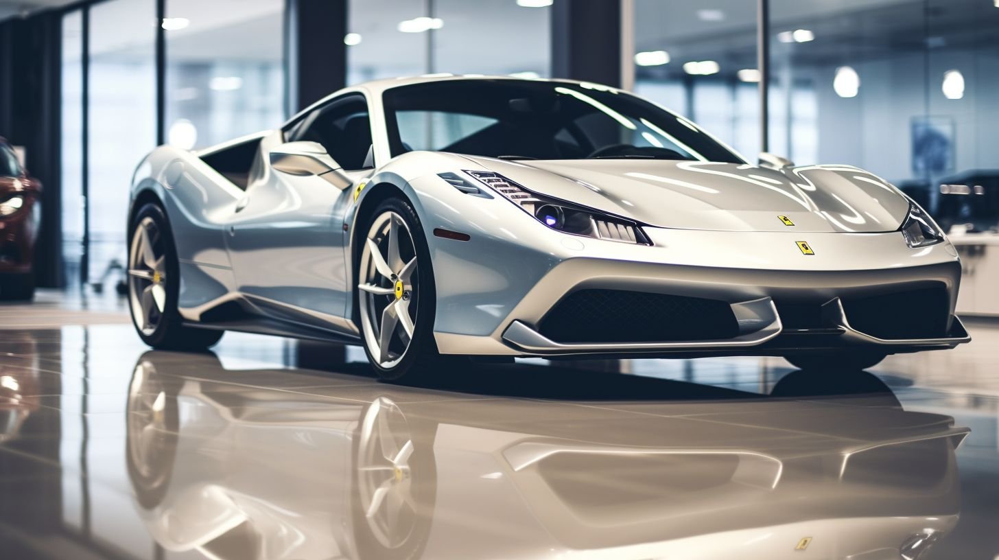 A close-up of a shiny new sports car in a modern showroom.