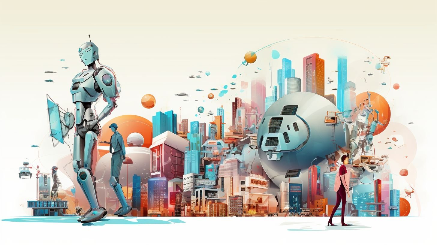 Robotic figures stand in a futuristic city skyline.