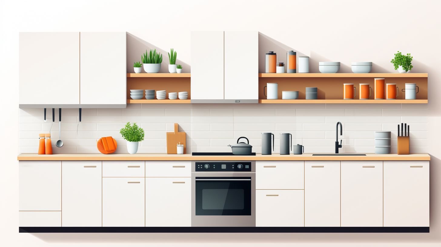 A modern and tidy kitchen with sleek cabinets and modular shelving.