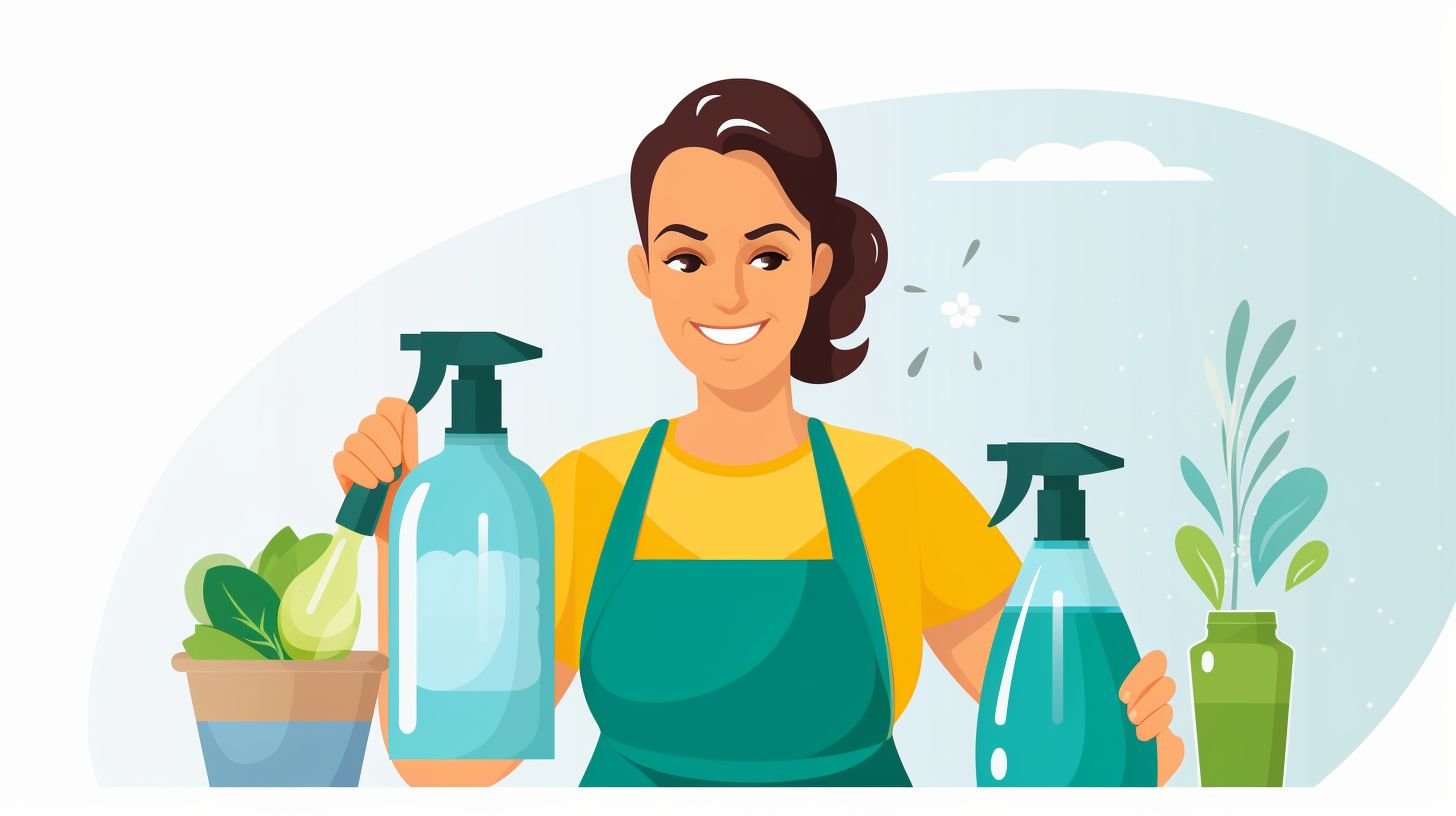 A woman in an apron holds homemade cleaner in a tidy kitchen.