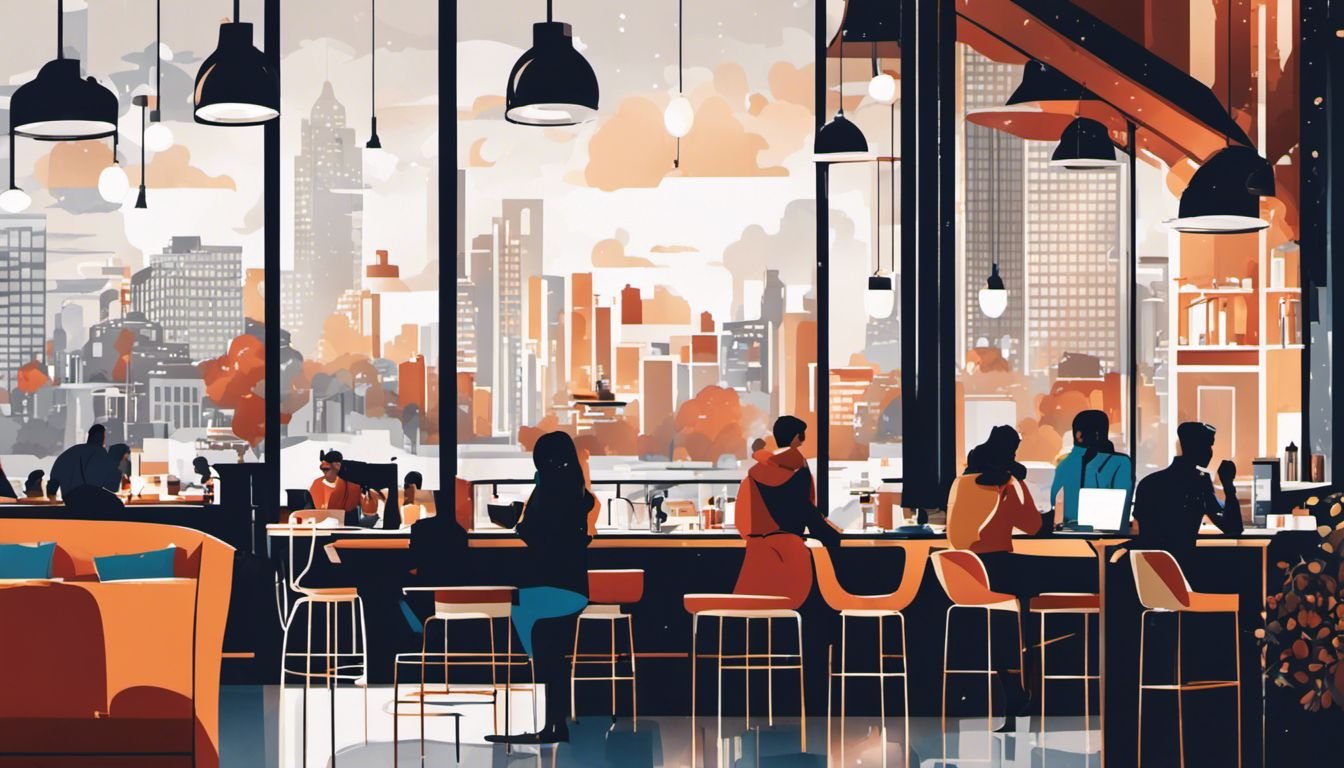 A person working in a lively coffee shop with cityscape views.