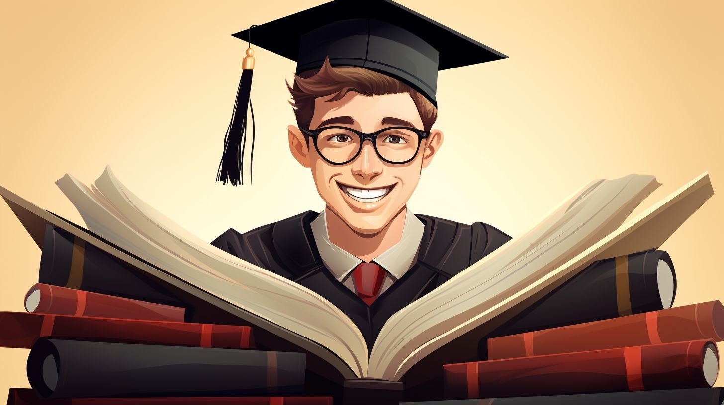 A smiling college graduate holding their diploma surrounded by textbooks.