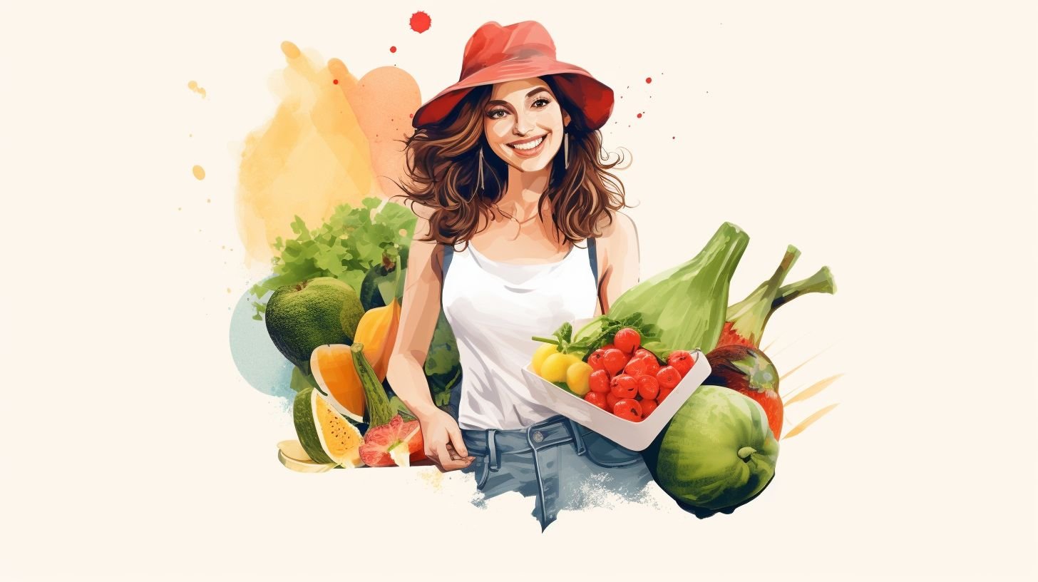 A woman happily shopping for groceries with a reusable bag.