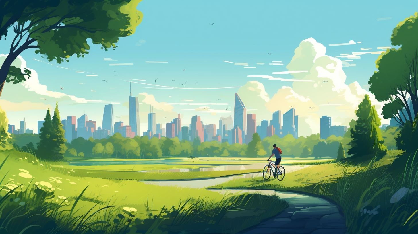 A cyclist rides through a scenic urban park in a flat design style.