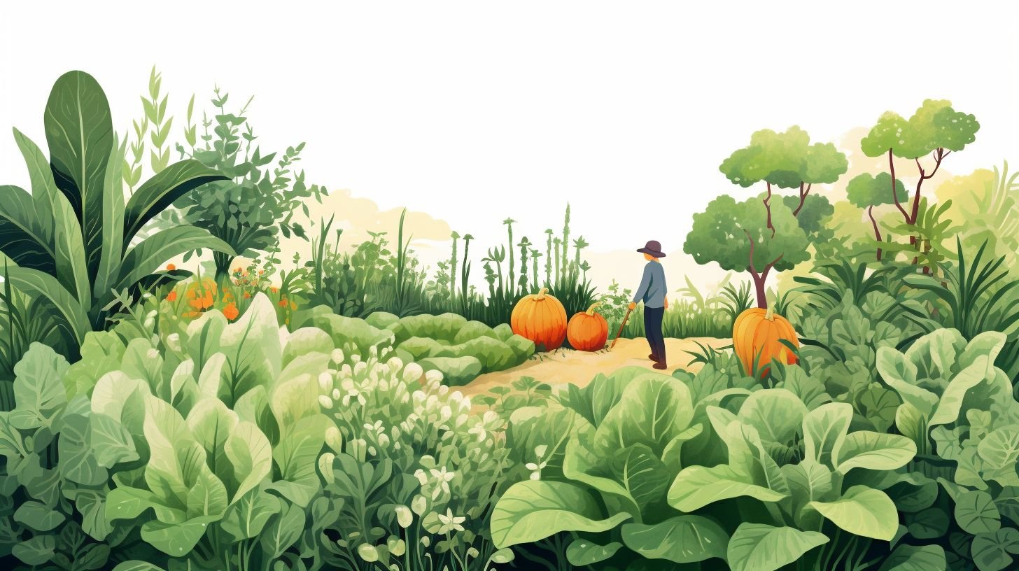 A person gardening in a backyard surrounded by flourishing plants.