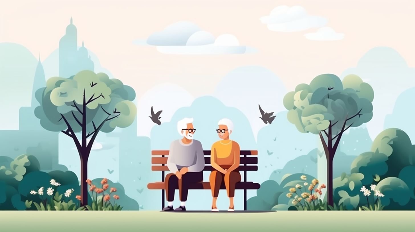 Elderly couple using a laptop on a park bench surrounded by nature.