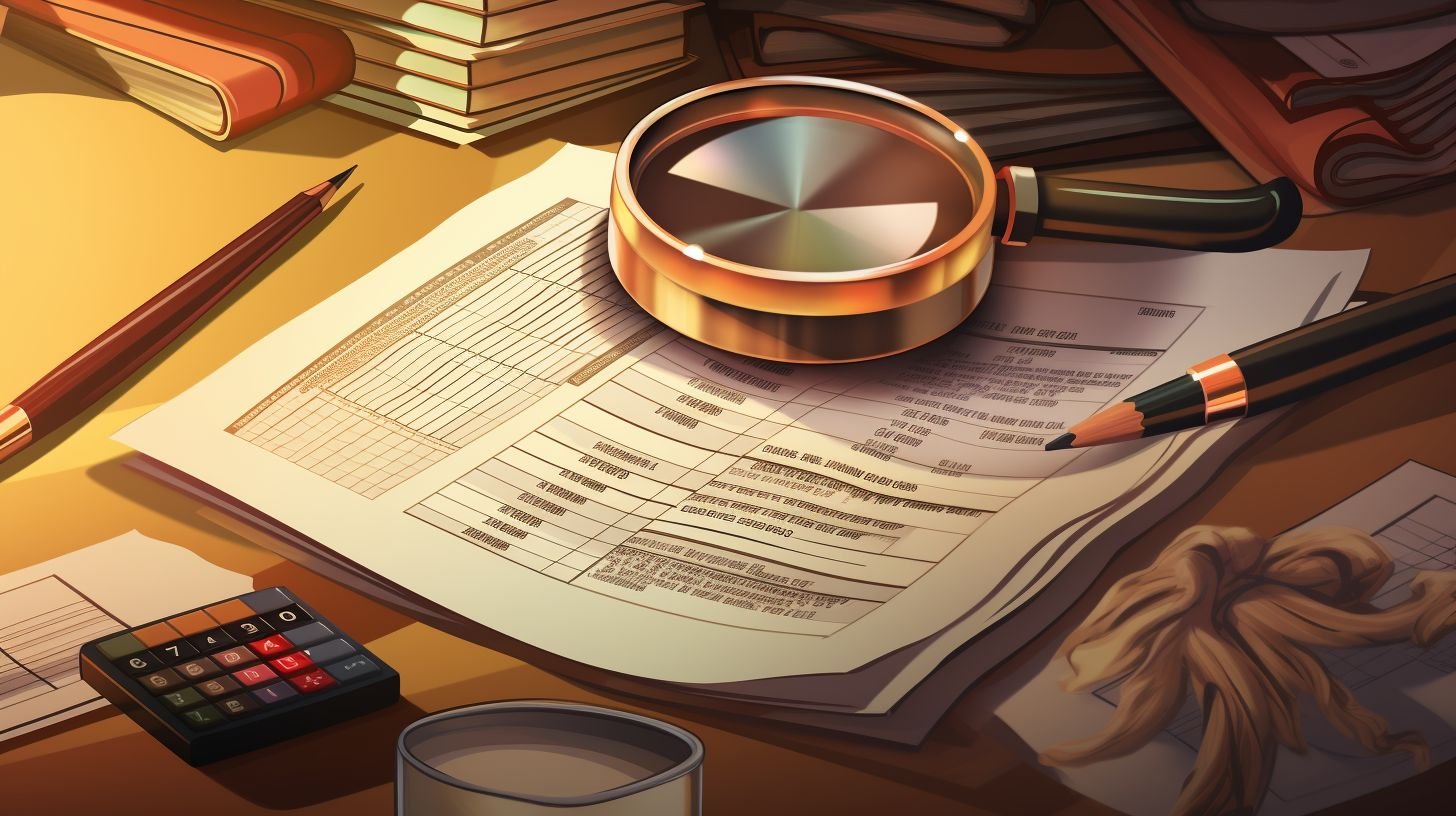 Close-up of a magnifying glass over a complex tax form on a vintage desk.