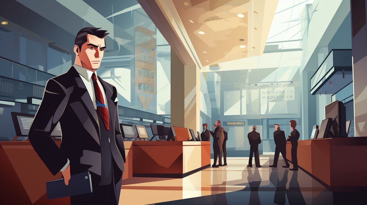 A confident businessman in a suit stands in a secure bank lobby.