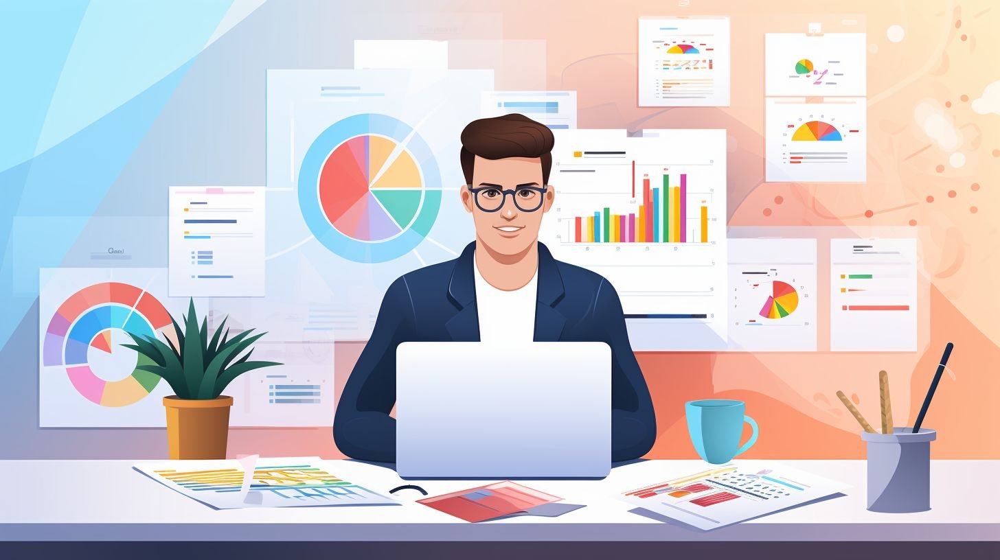 An entrepreneur working at a desk with laptop and documents surrounded by charts and graphs.