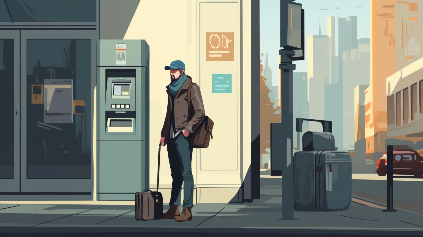 A traveler cautiously uses an ATM with suitcase and passport.