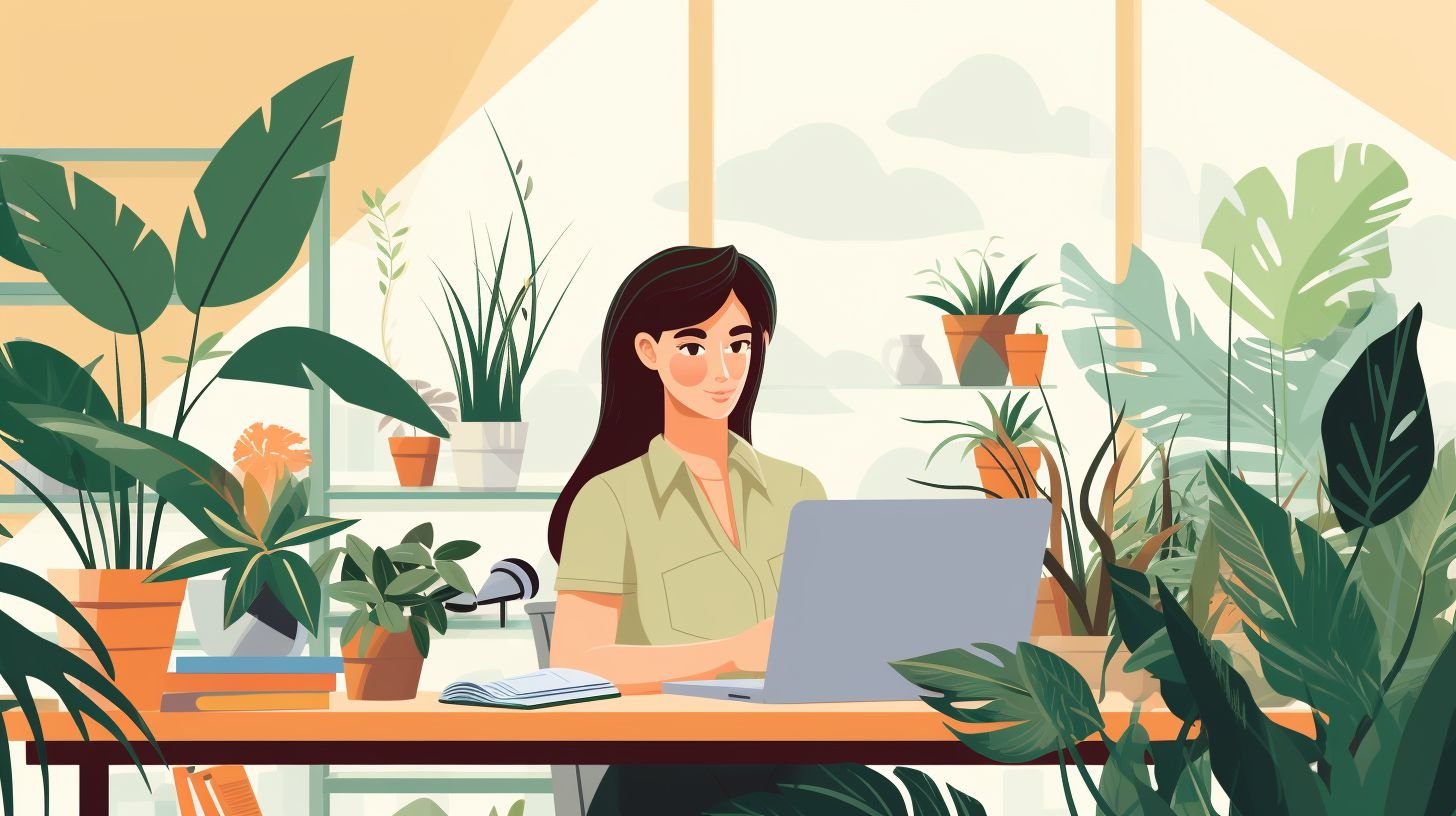 A woman working in a cozy home office surrounded by plants.