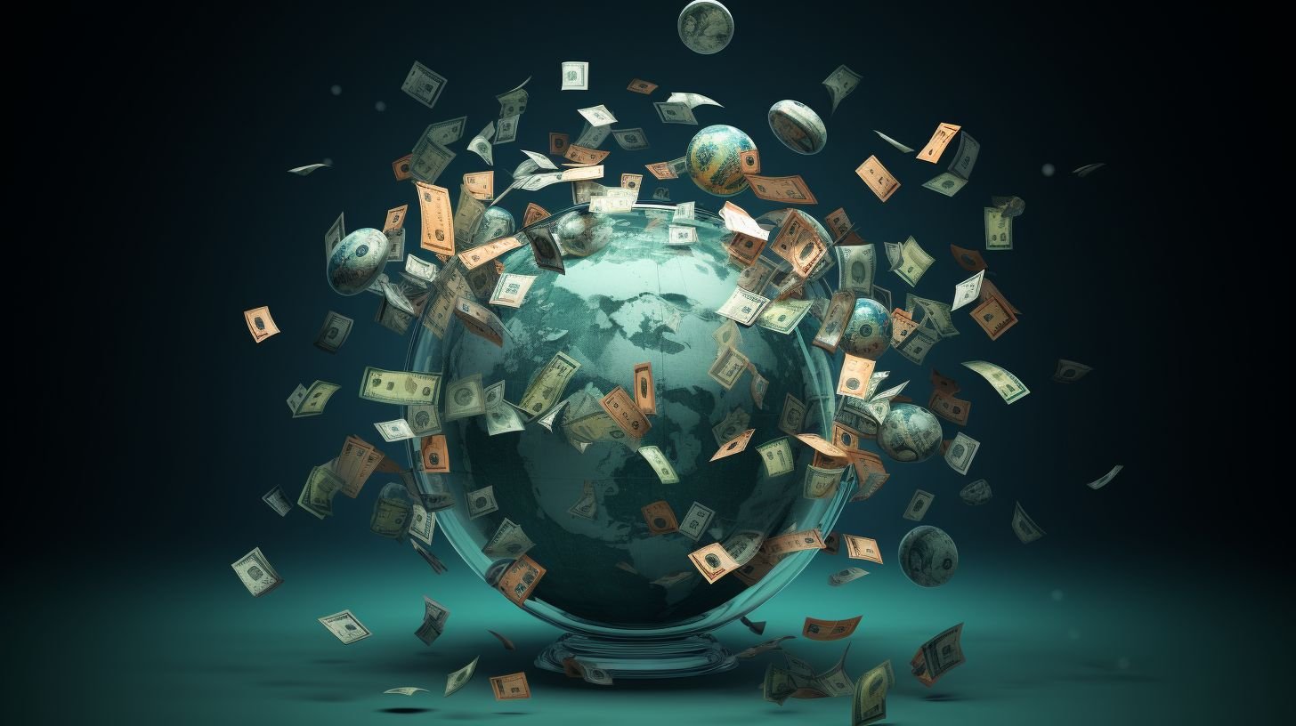 A globe surrounded by various world currencies in a flat design.